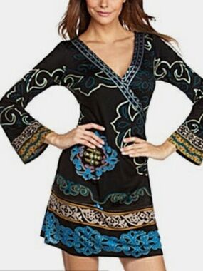 HALE BOB 100% Silk Deep V Neck Patterned Mini Dress Long Bell Sleeves Size XS